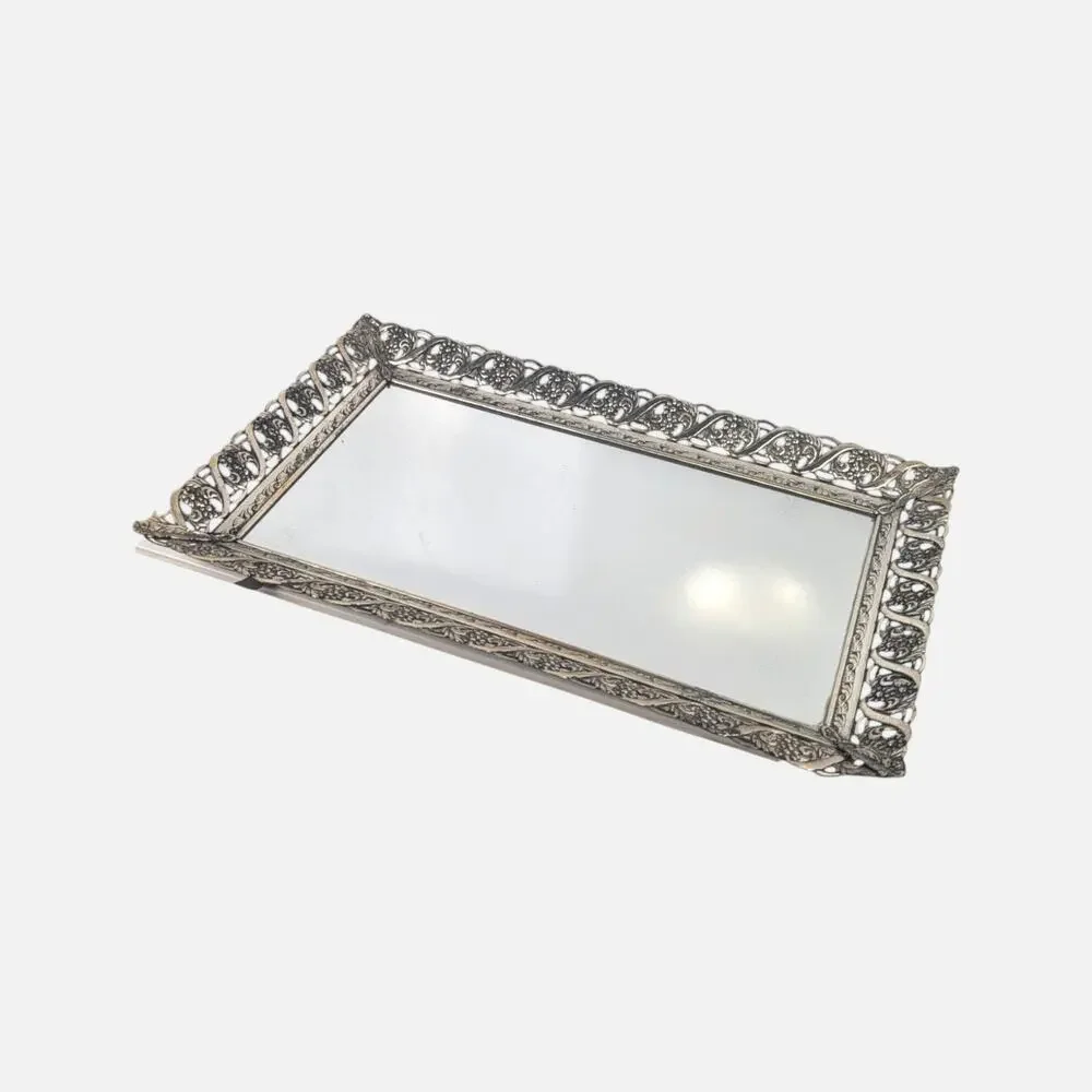 Midcentury Silver Metal Vanity Mirror Tray